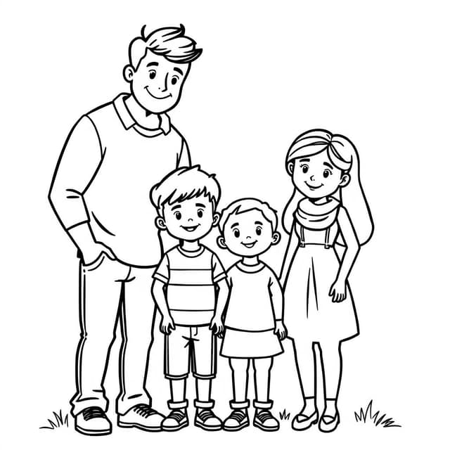 A family of four: father, mother, a little boy and girl coloring page