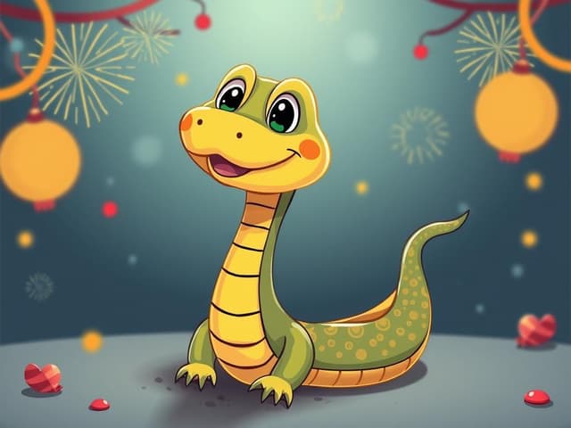 Cute cartoon snake wishes you a happy new year coloring page