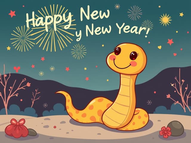 Cute cartoon snake wishes you a happy new year coloring page