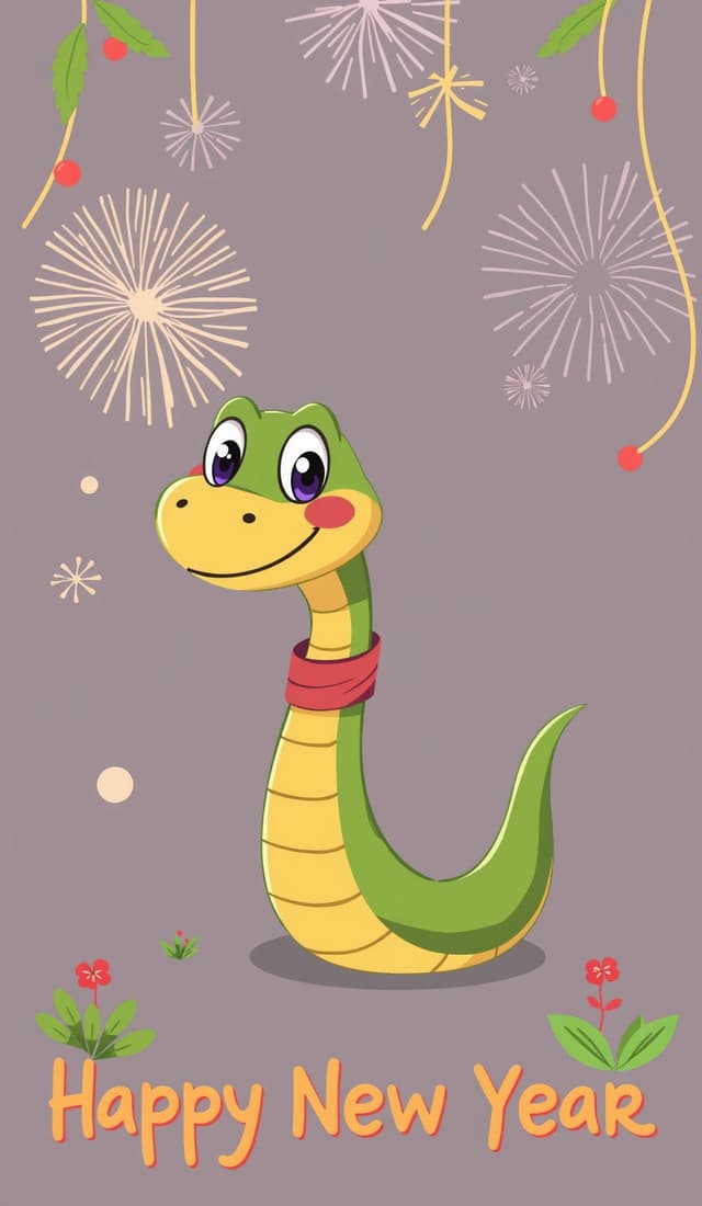 Cute cartoon snake wishes you a happy new year coloring page