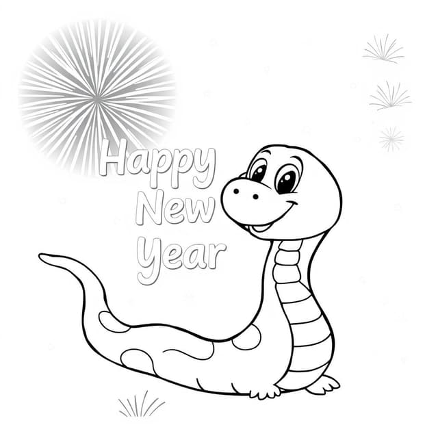 "Cute cartoon snake wishes you a happy new year" coloring page