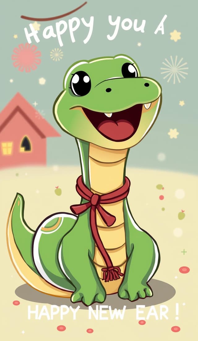 Cute cartoon snake wishes you a happy new year coloring page