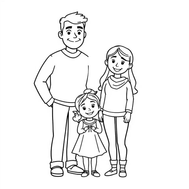 A family of three: father, mother, and a little girl coloring page