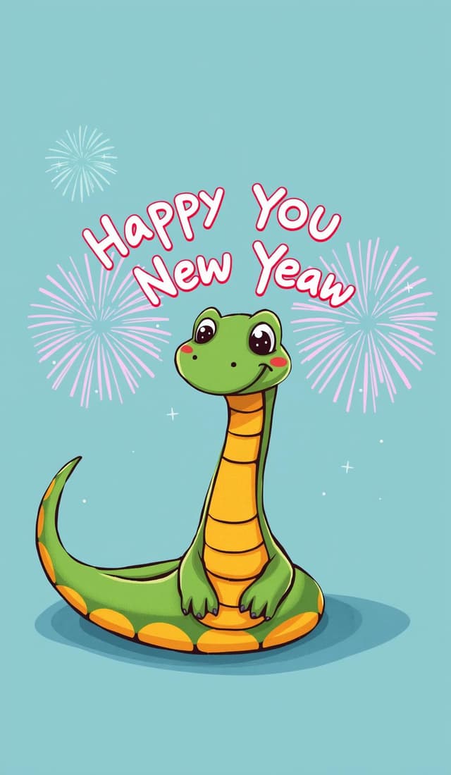 Cute cartoon snake wishes you a happy new year coloring page