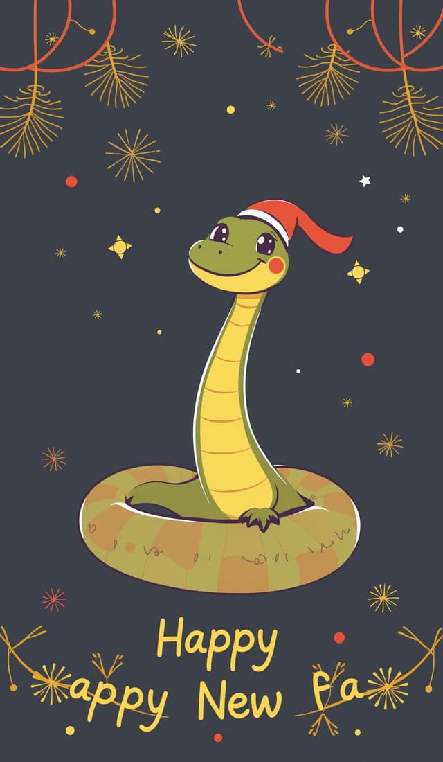 Cute cartoon snake wishes you a happy new year，No text is required on the image coloring page